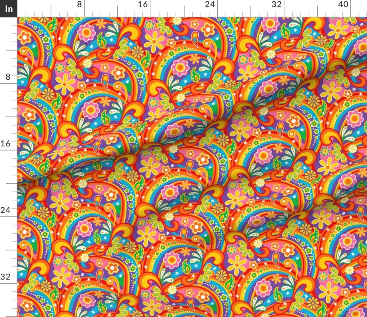 1960S Psychedelic Flower Power Flowers Colorful Rainbows Red Pink Orange Purple Costume Custom Printed Fabric by Spoonflower Various Fabrics by the Yard or Fat Quarter